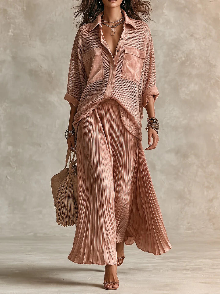 Camille | Pink Mesh Shirt &amp; Pleated Skirt Set