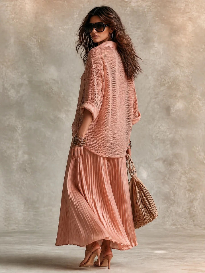 Camille | Pink Mesh Shirt &amp; Pleated Skirt Set