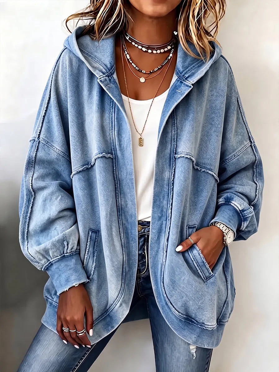 Cozy Vintage-Washed Hooded Sweatshirt Jacket Blue