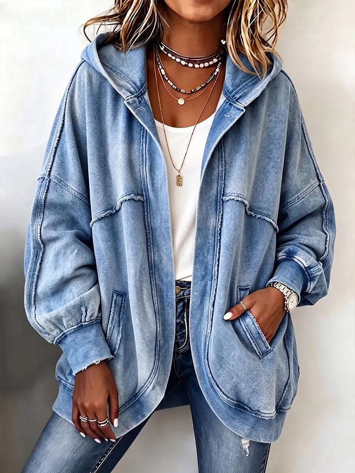 Cozy Vintage-Washed Hooded Sweatshirt Jacket Blue