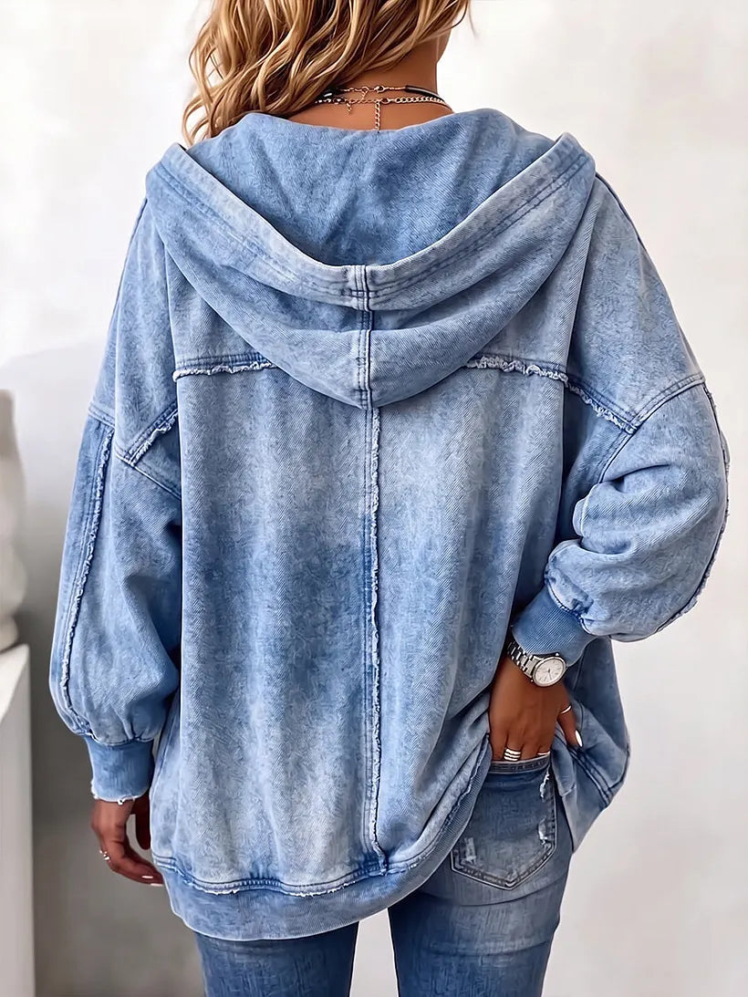 Cozy Vintage-Washed Hooded Sweatshirt Jacket Blue