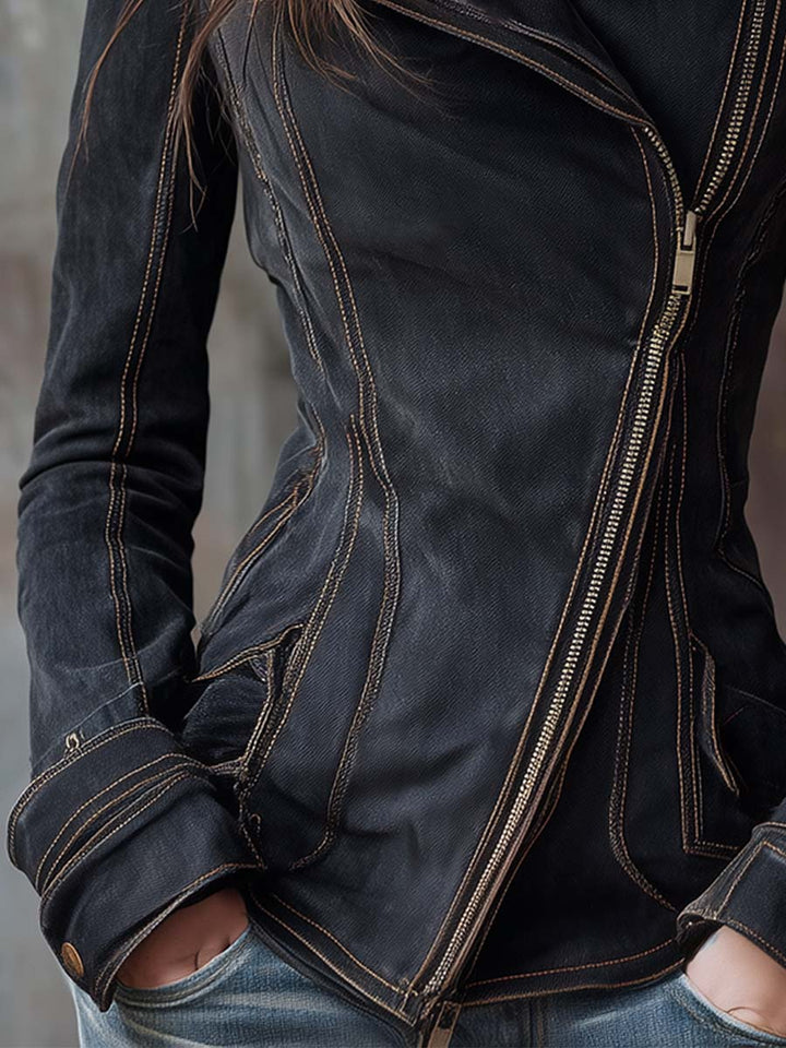 Vintage Washed Denim Moto Jacket Charcoal Edge