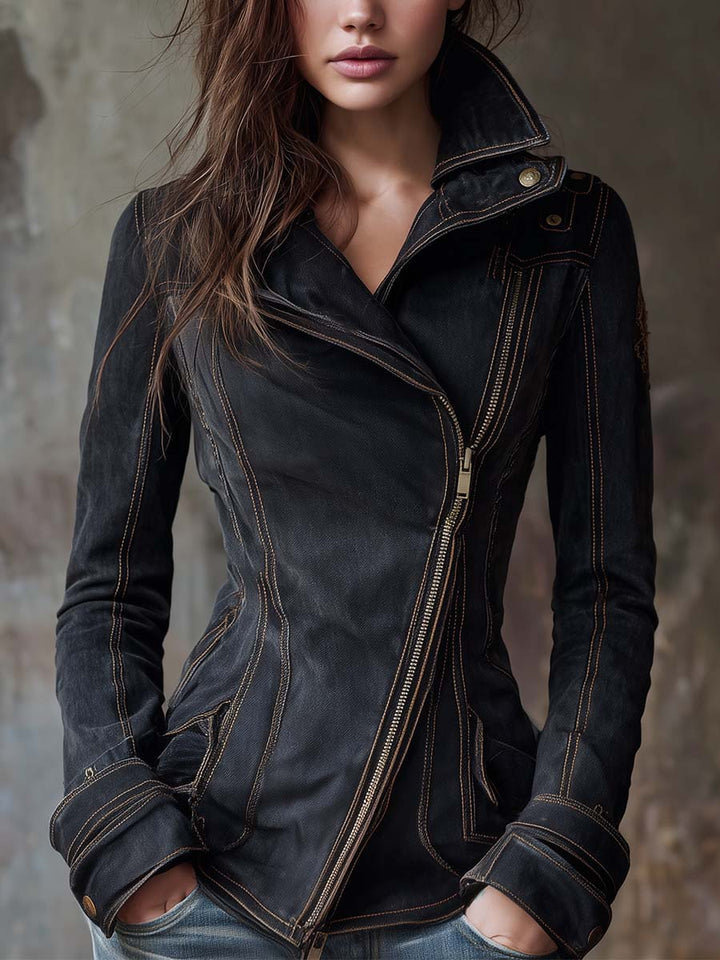 Vintage Washed Denim Moto Jacket Charcoal Edge