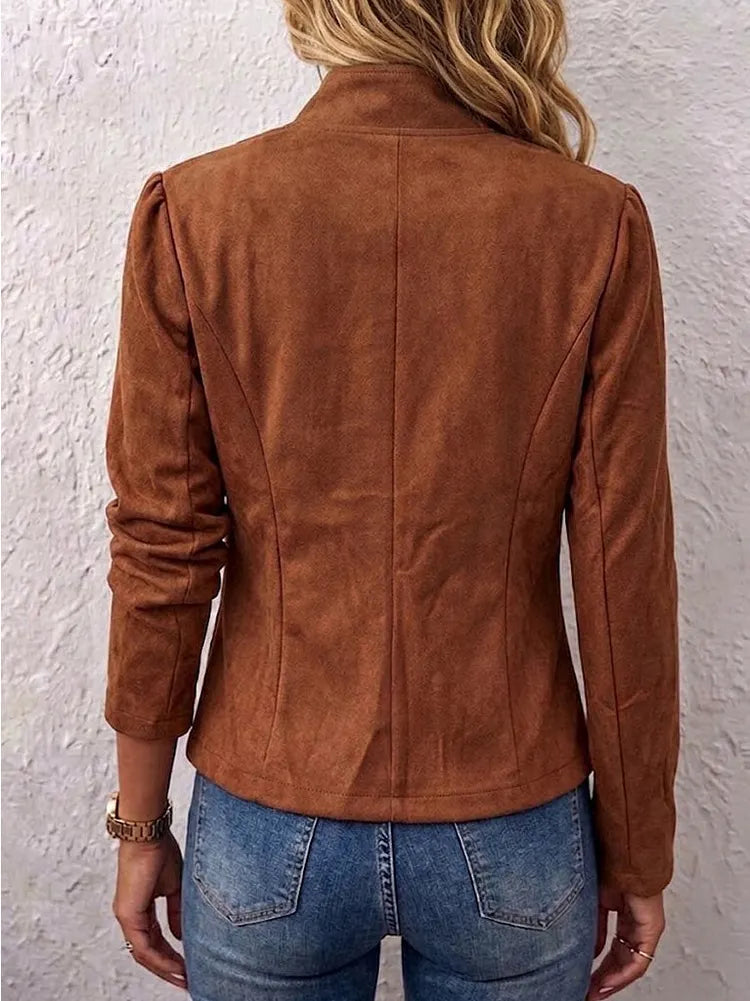 Stand Collar Double-Breasted Suede Vintage Cropped Jacket