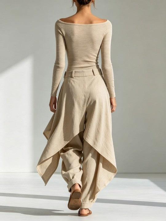 Éveline | Beige Boat-Neck Top and Wide-Leg Ruffle Pant Set