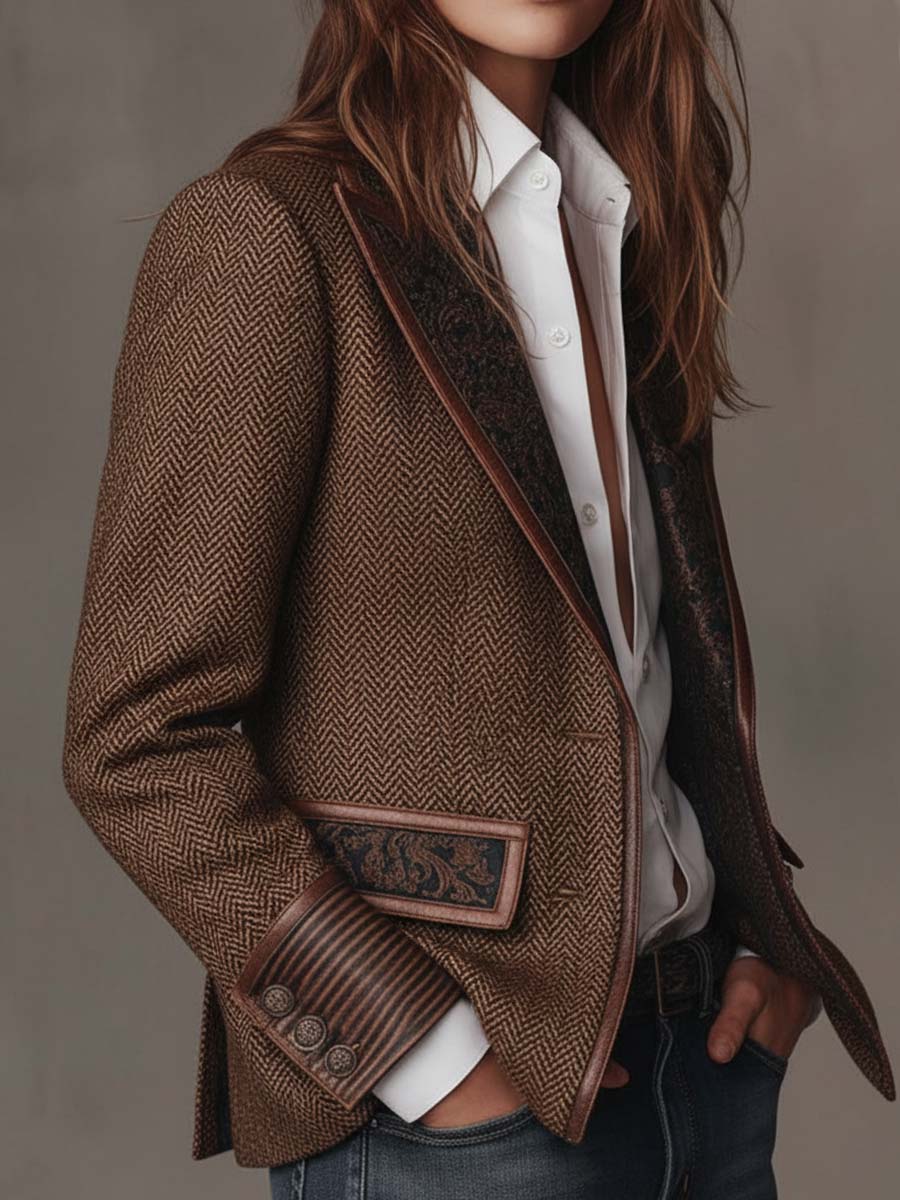 Savile | Herringbone Leather-Trim Tweed Blazer