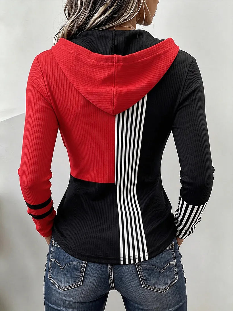 Dynamic Striped Colorblock Ribbed Hooded Knit Top Red