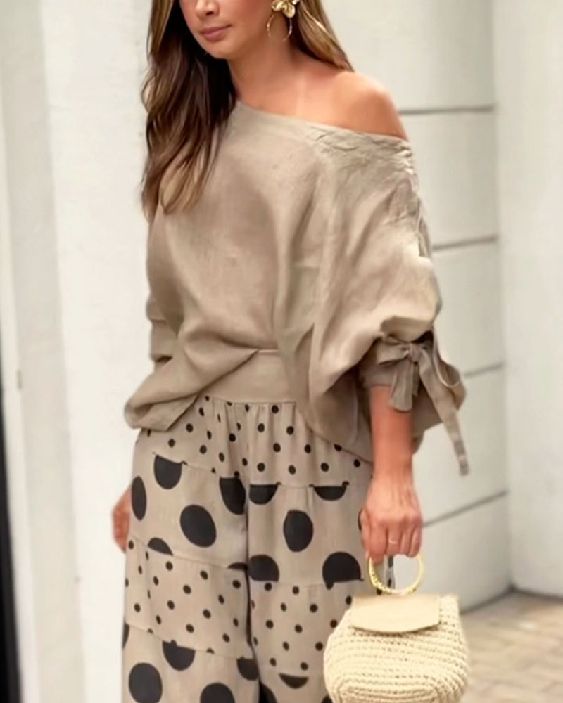 Casual Shoulder Top &amp; Printed Pants Two-Piece Set