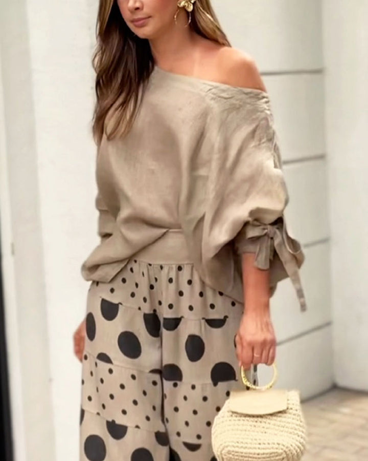 Casual Shoulder Top &amp; Printed Pants Two-Piece Set