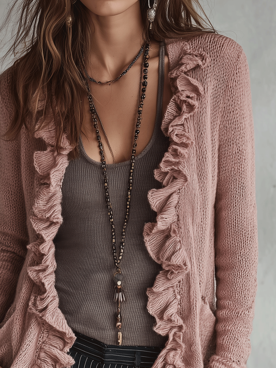 Winona | Romance Ruffle Trim Open-Front Knit Cardigan