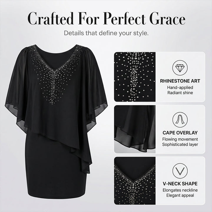 Rhinestone V-Neck Cape Dress with Chiffon Overlay