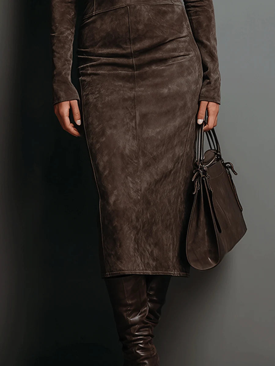 Robine | High-Neck Long Sleeve Suede Midi Dress