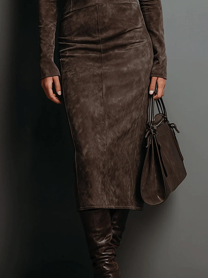 Robine | High-Neck Long Sleeve Suede Midi Dress