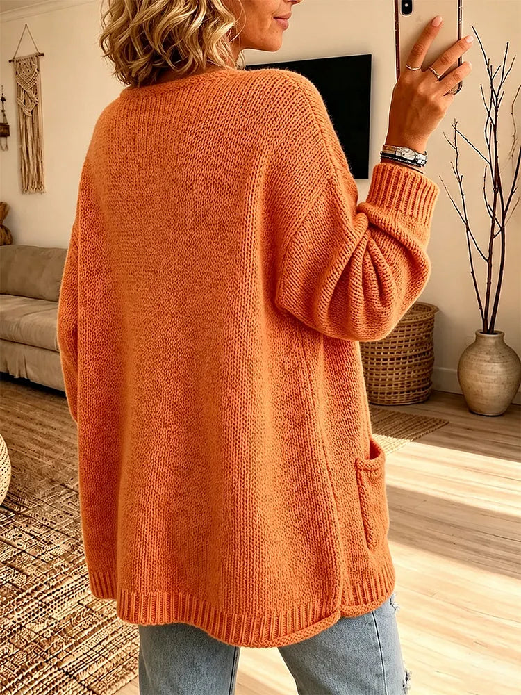 Chic V-Neck Pocket Knit Sweater Orange