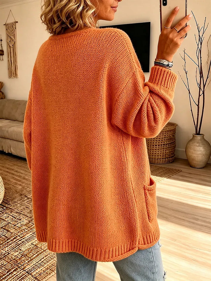 Chic V-Neck Pocket Knit Sweater Orange