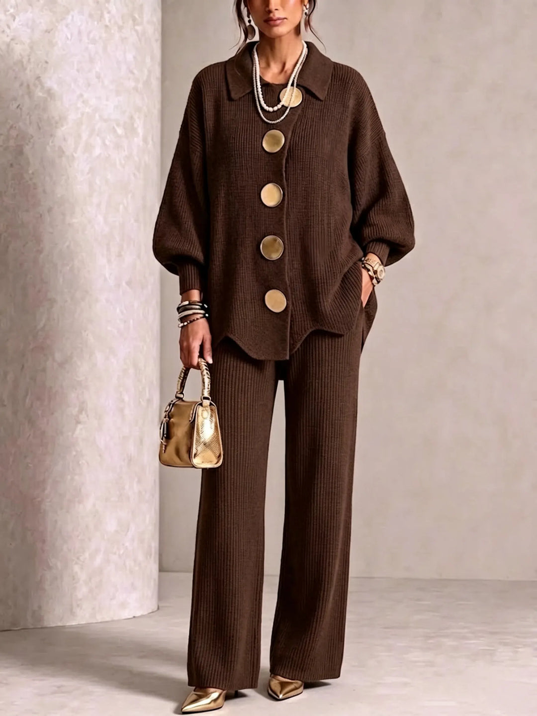 Collared Large Metal-Button Knit Cardigan Wide-Leg Pants Set