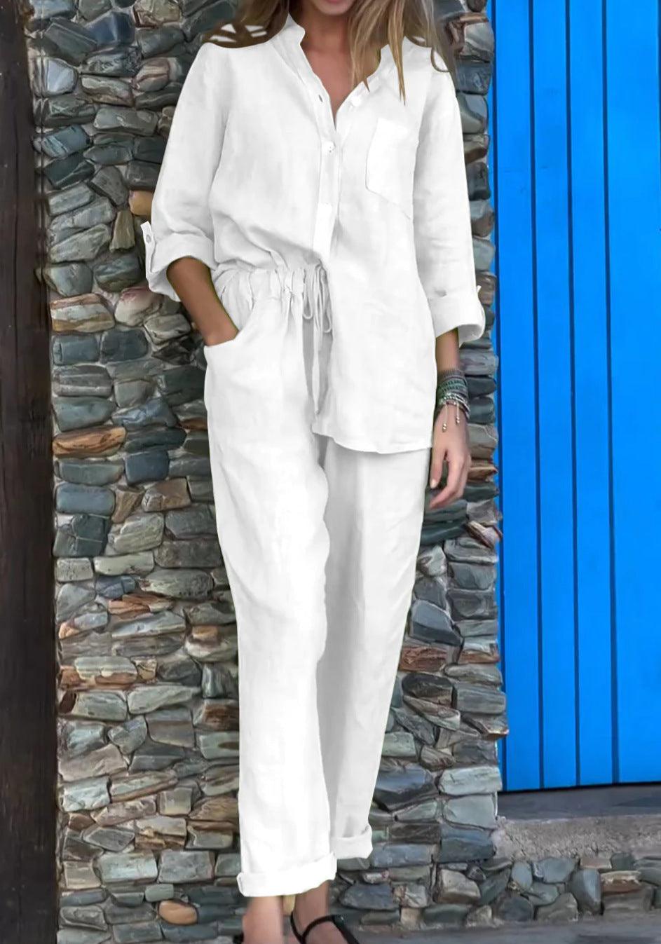Casual Solid Color V-Neck Shirt &amp; Pants Cotton Linen Two-Piece Set