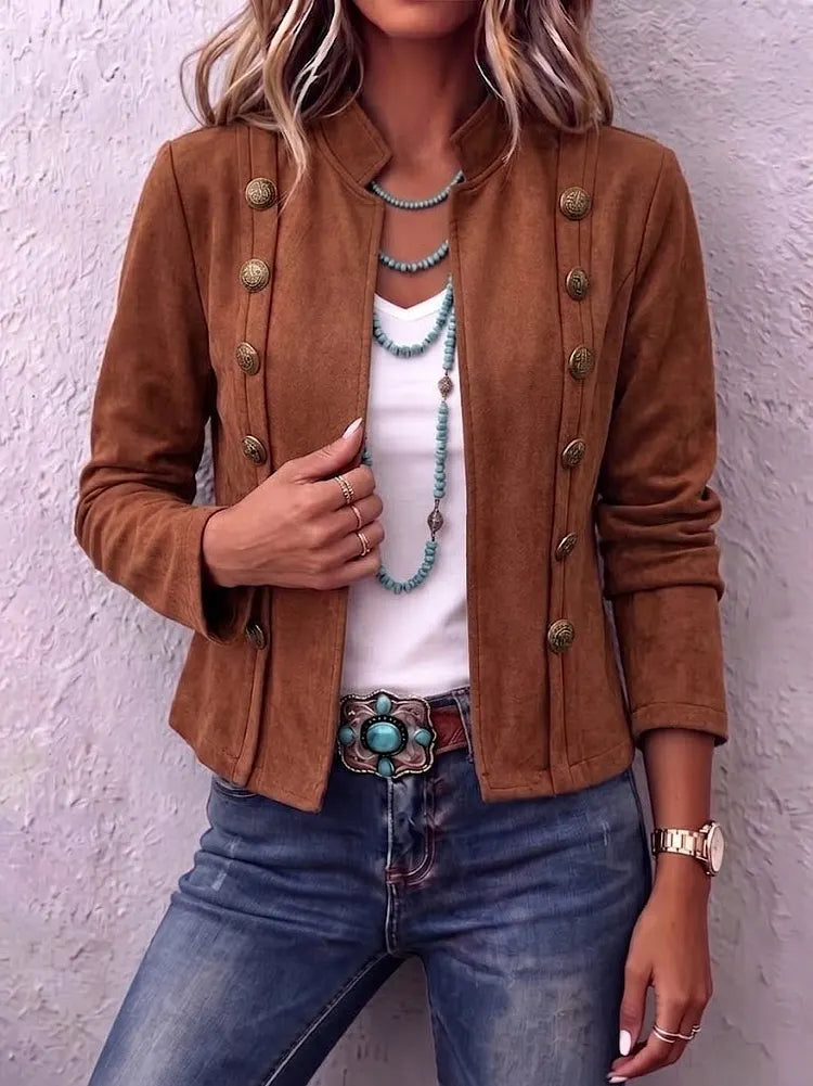Stand Collar Double-Breasted Suede Vintage Cropped Jacket