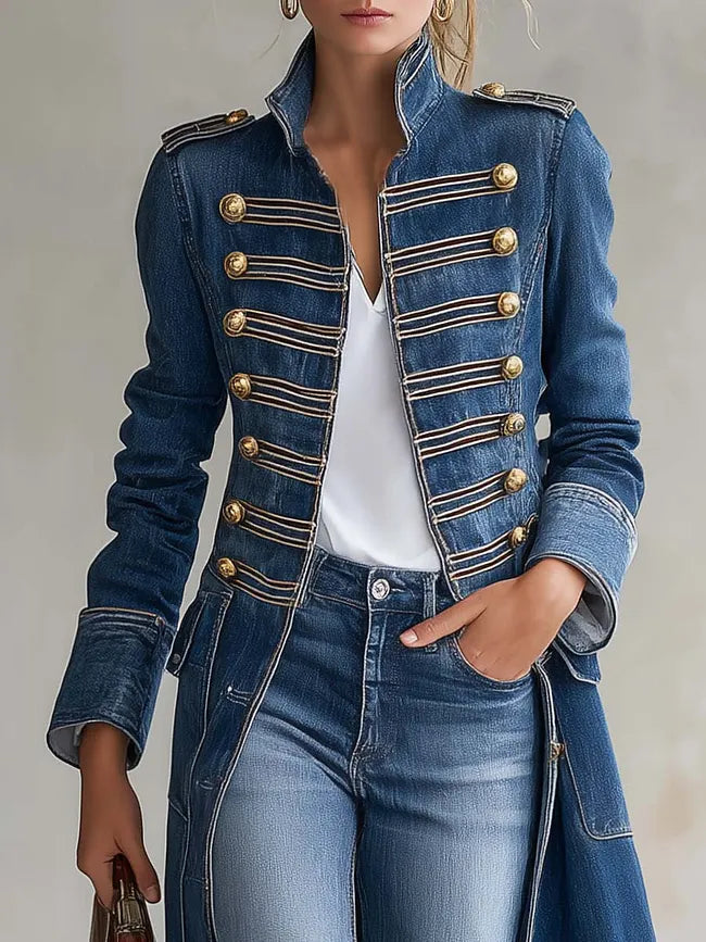 Vintage Washed Denim Military Officer Longline Coat