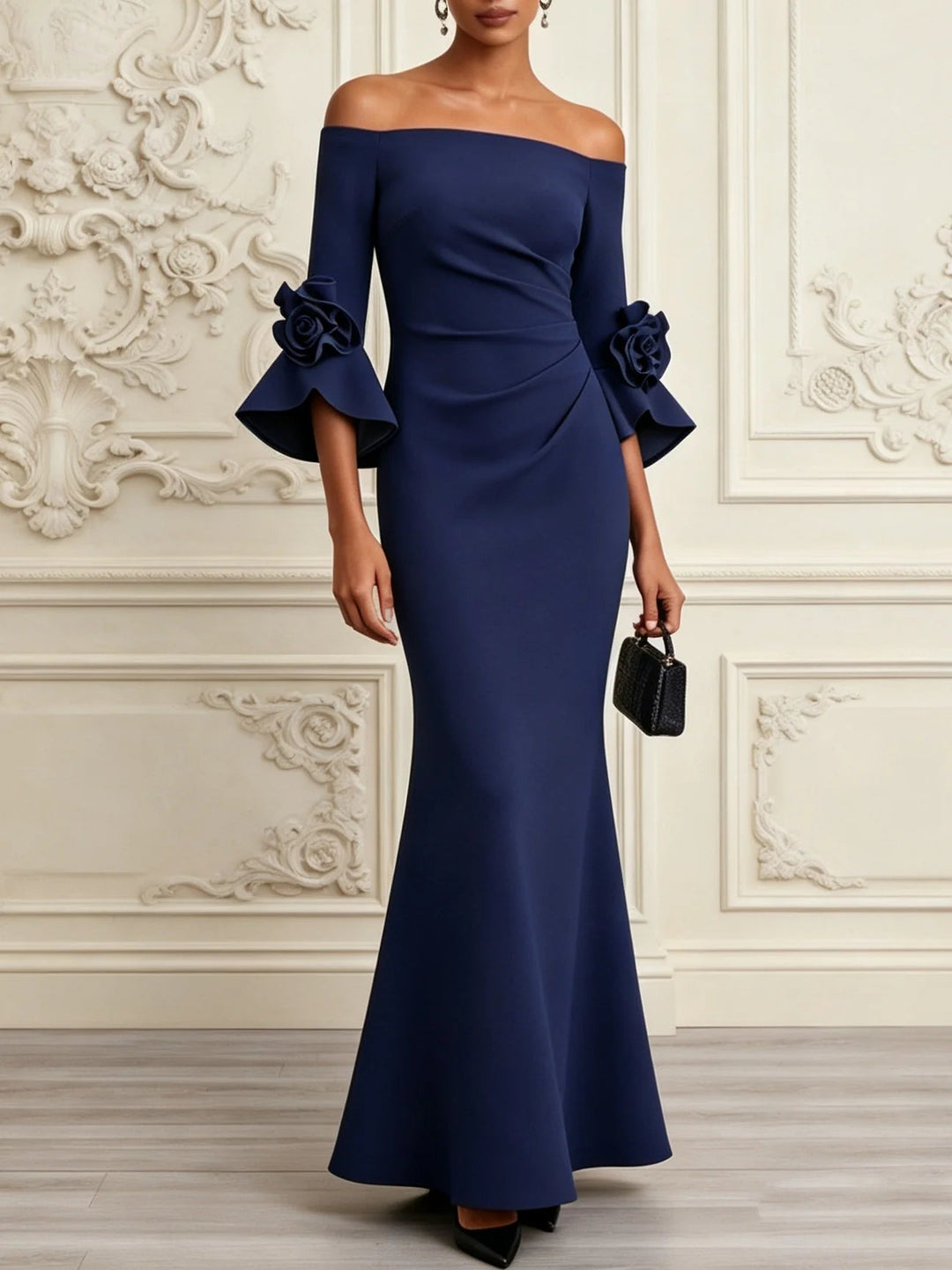 Elena Navy 3D Floral Mermaid Maxi Dress
