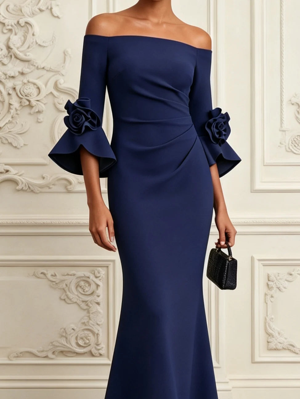 Elena Navy 3D Floral Mermaid Maxi Dress