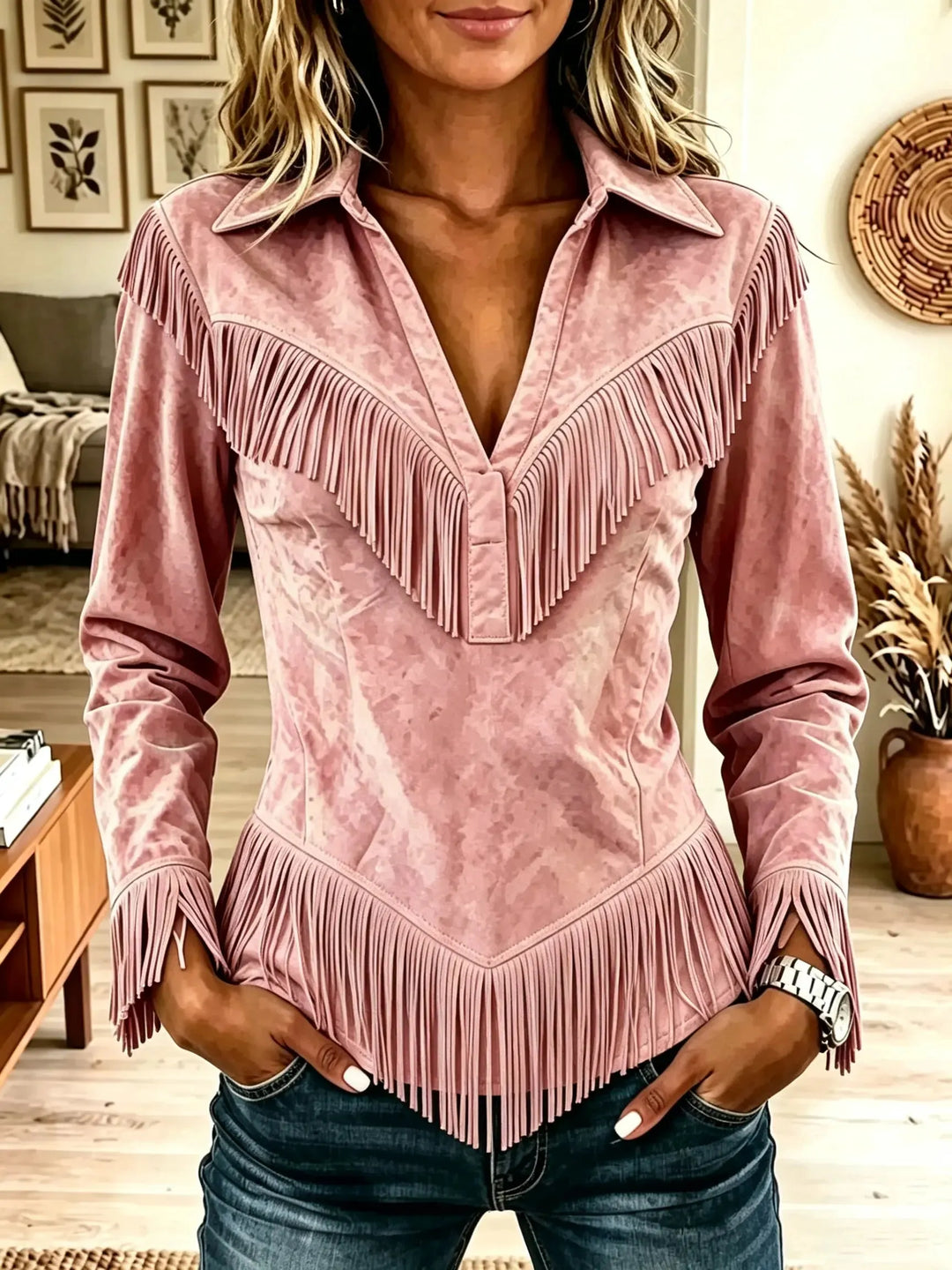 Saskia | Western Fringe Suede Pointed Hem Top