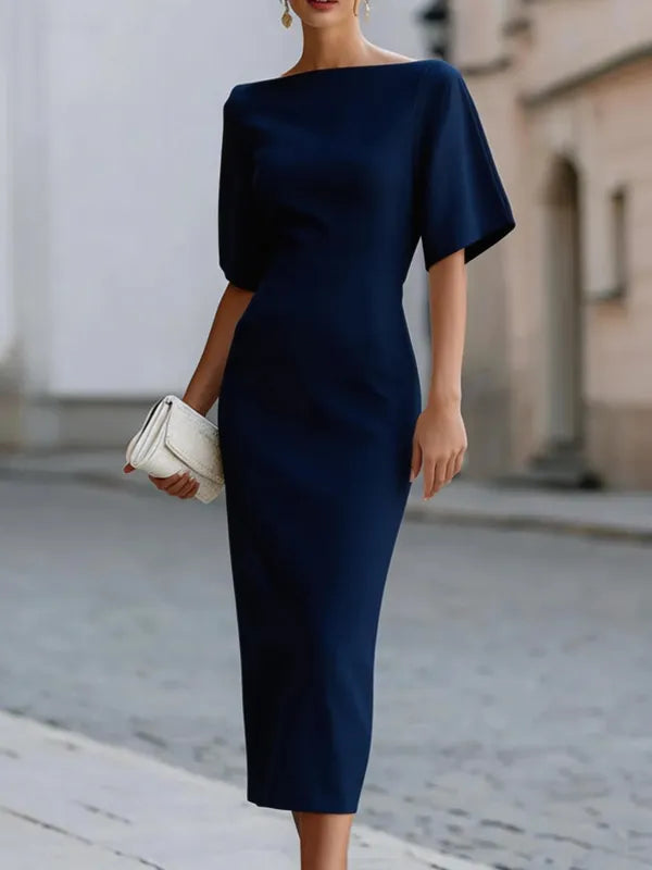 Boat Neck Midi-Length Fitted Dress