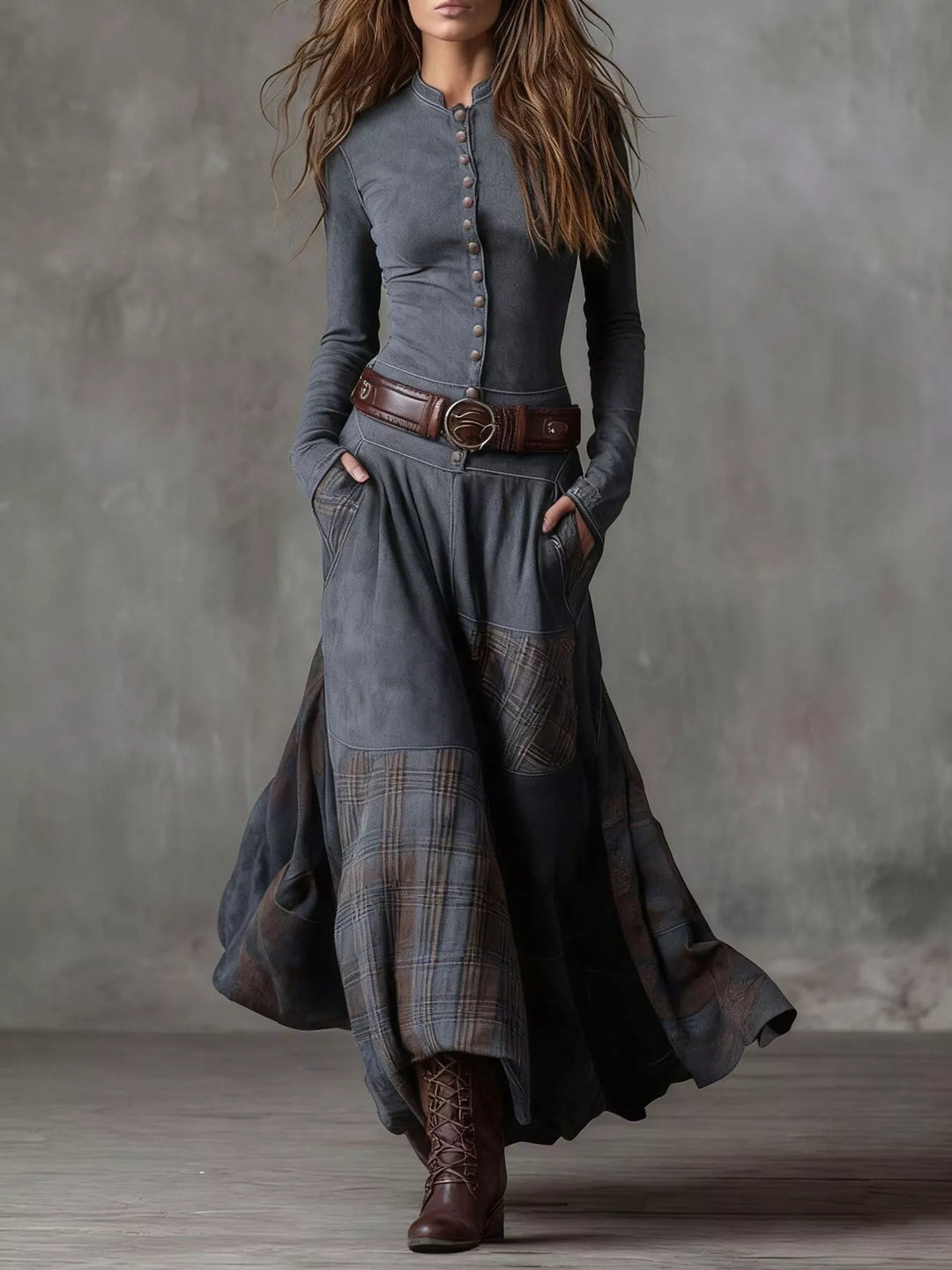 Marietta | Plaid Button Front Long Sleeve Dress