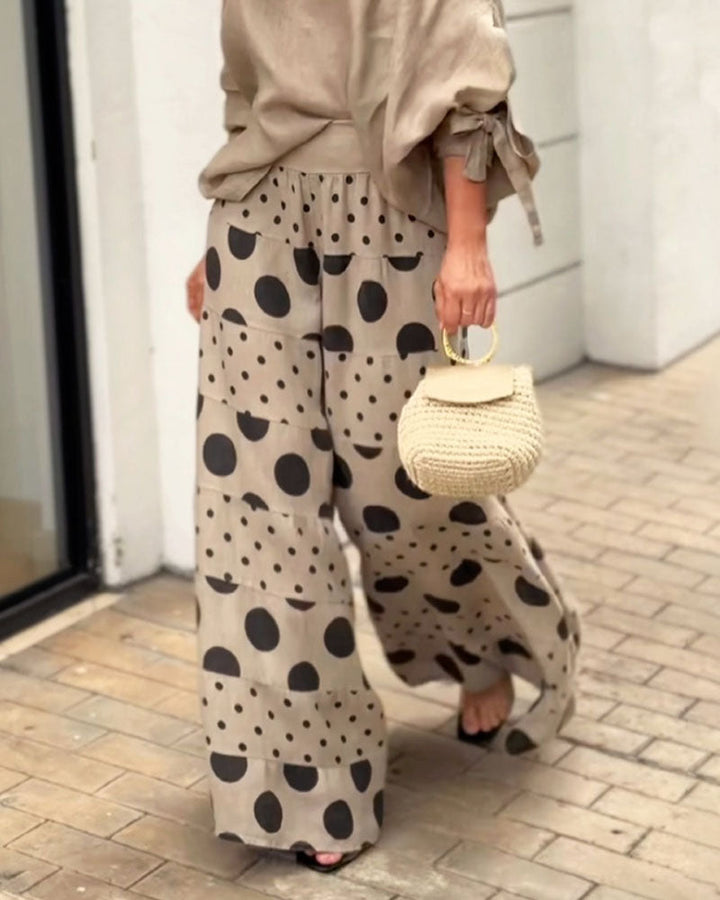 Casual Shoulder Top &amp; Printed Pants Two-Piece Set