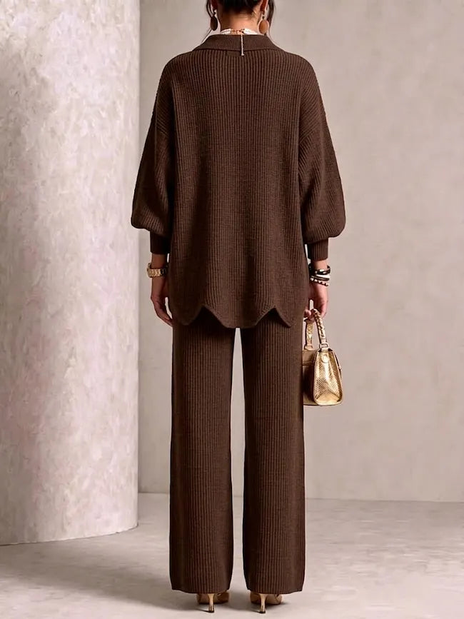 Collared Large Metal-Button Knit Cardigan Wide-Leg Pants Set