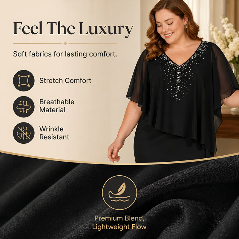Rhinestone V-Neck Cape Dress with Chiffon Overlay