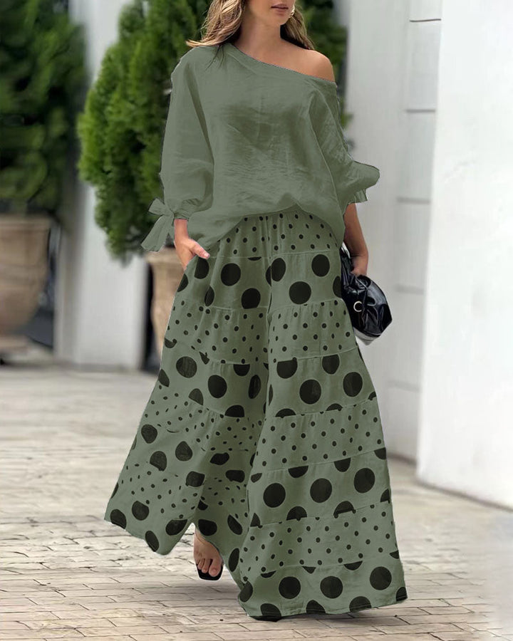 Casual Shoulder Top &amp; Printed Pants Two-Piece Set