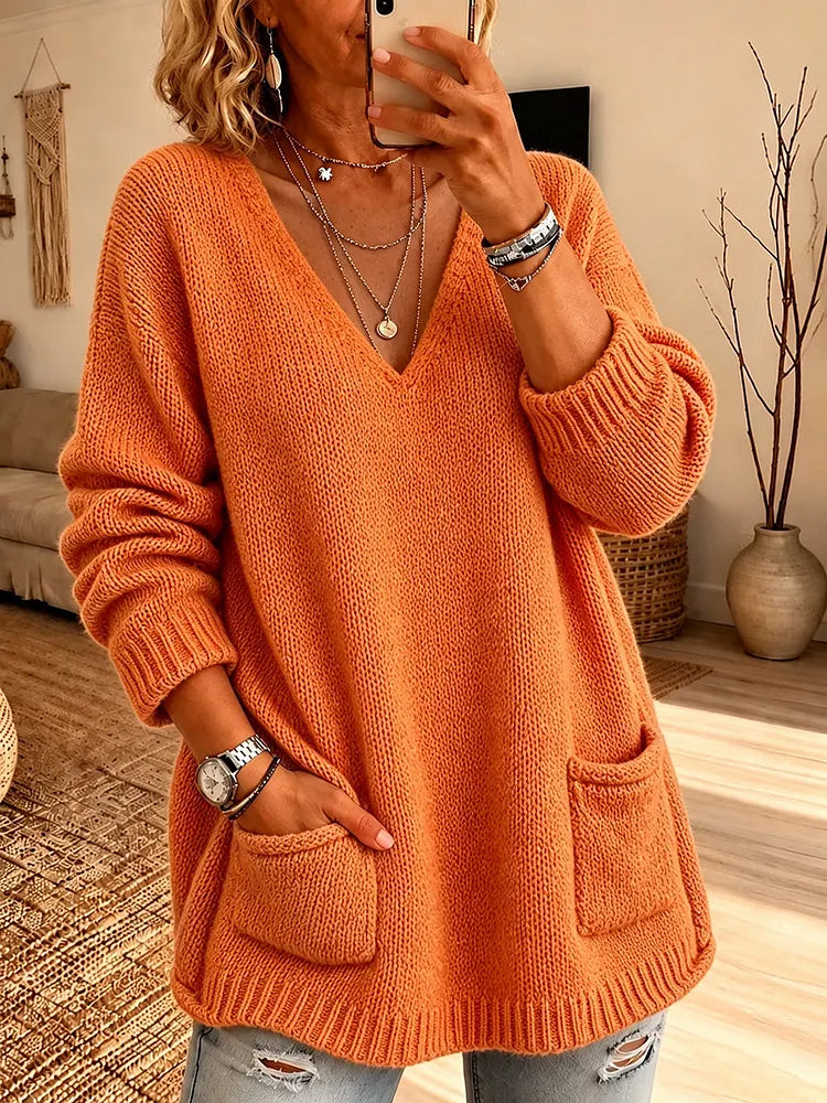 Chic V-Neck Pocket Knit Sweater Orange