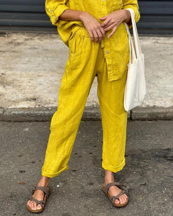 Casual Solid Color V-Neck Shirt &amp; Pants Cotton Linen Two-Piece Set
