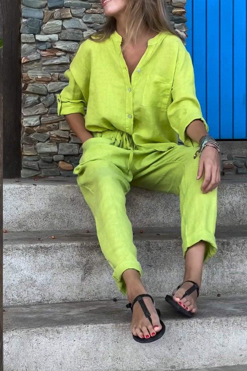 Casual Solid Color V-Neck Shirt &amp; Pants Cotton Linen Two-Piece Set