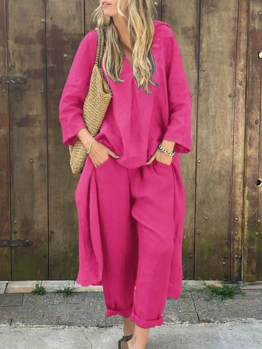 Linen Irregular Loose V-neck Top and High-Waisted Pocket Wide-leg Pants Set