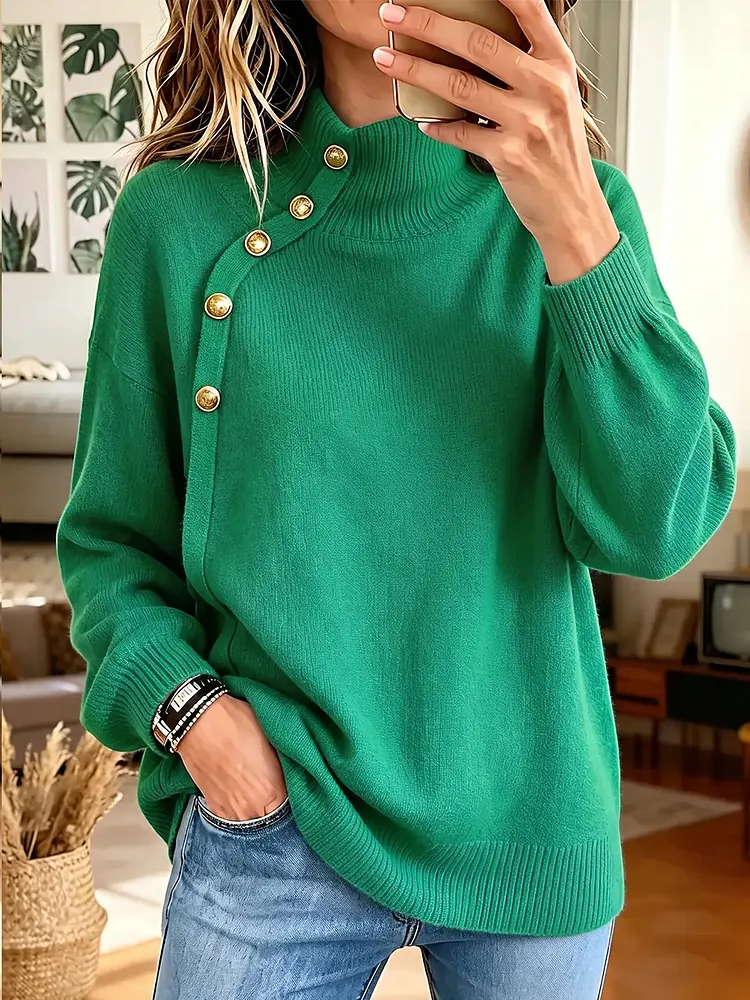Vintage Elegant Color-Blocked Metal Buttons Sweater Blue