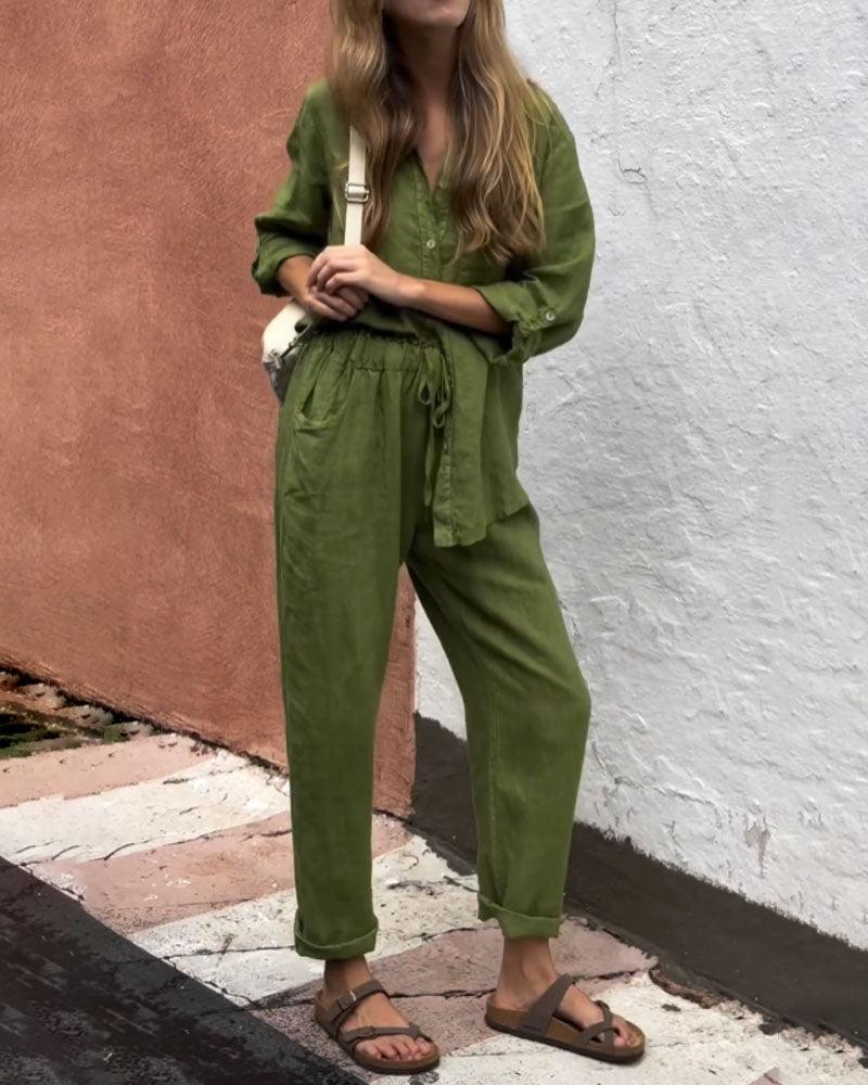 Casual Solid Color V-Neck Shirt &amp; Pants Cotton Linen Two-Piece Set