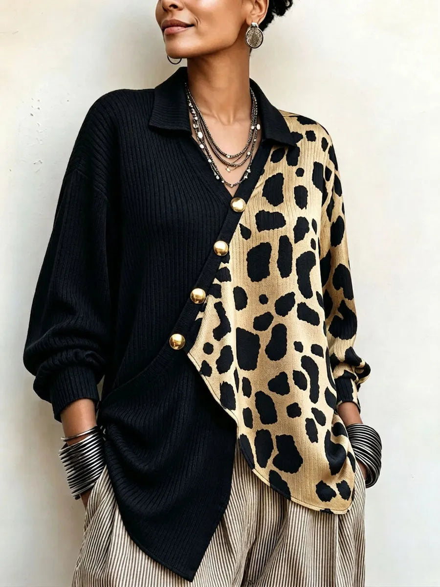 Chic Bold Leopard Color-Block Asymmetric Sweater