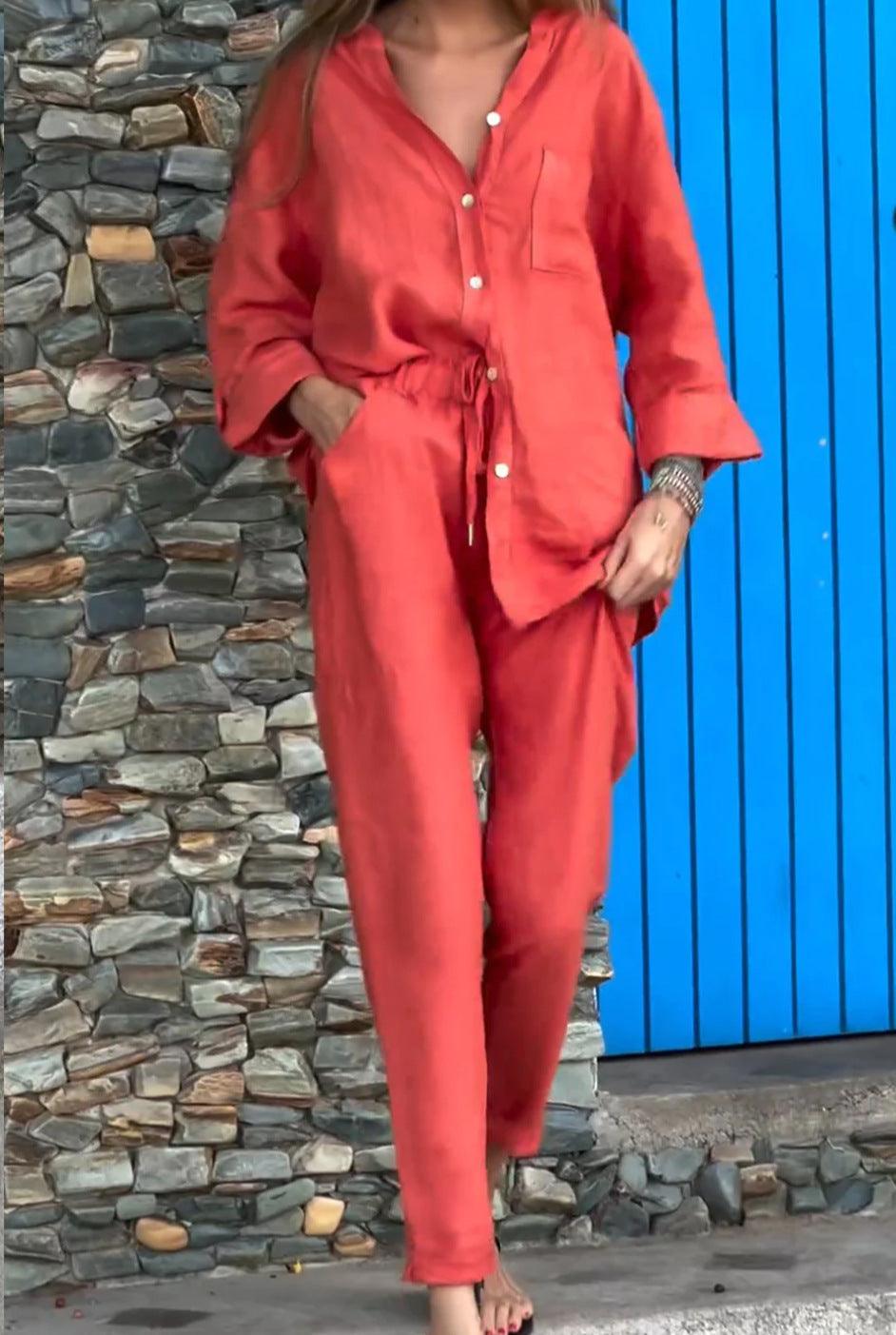 Casual Solid Color V-Neck Shirt &amp; Pants Cotton Linen Two-Piece Set