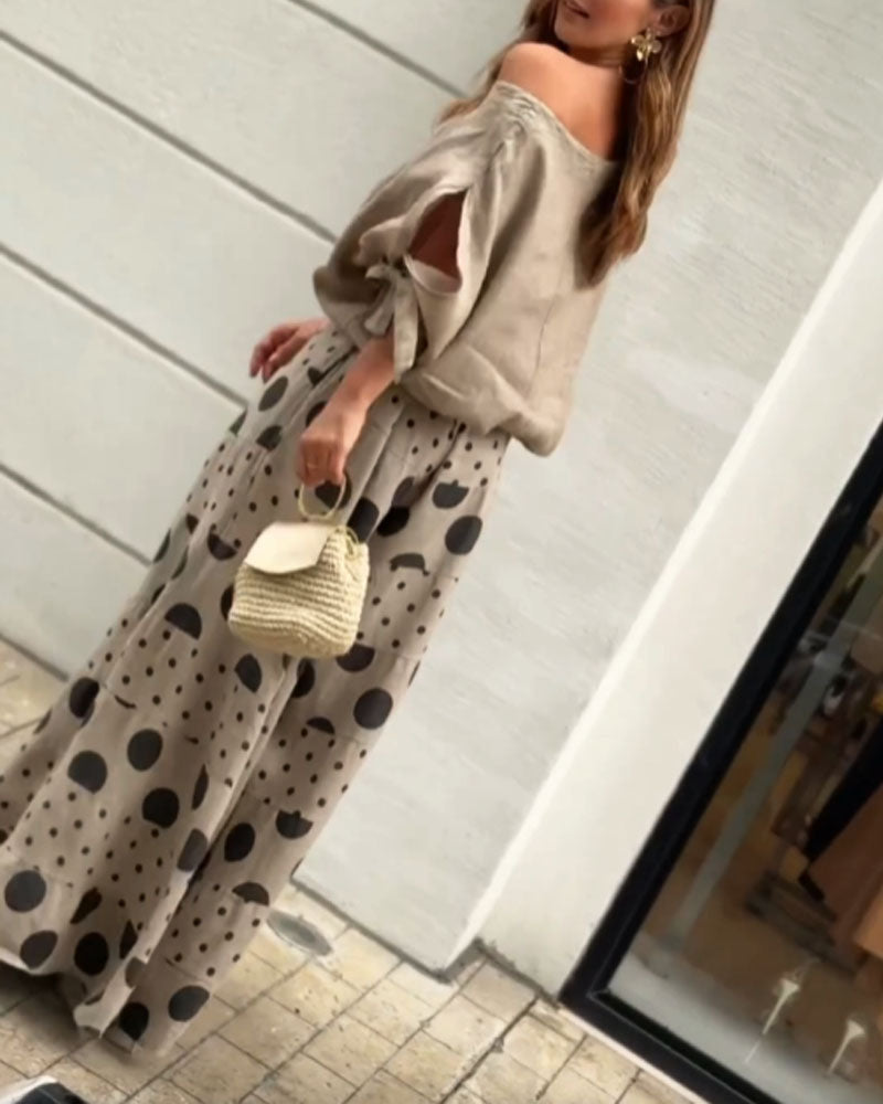 Casual Shoulder Top &amp; Printed Pants Two-Piece Set