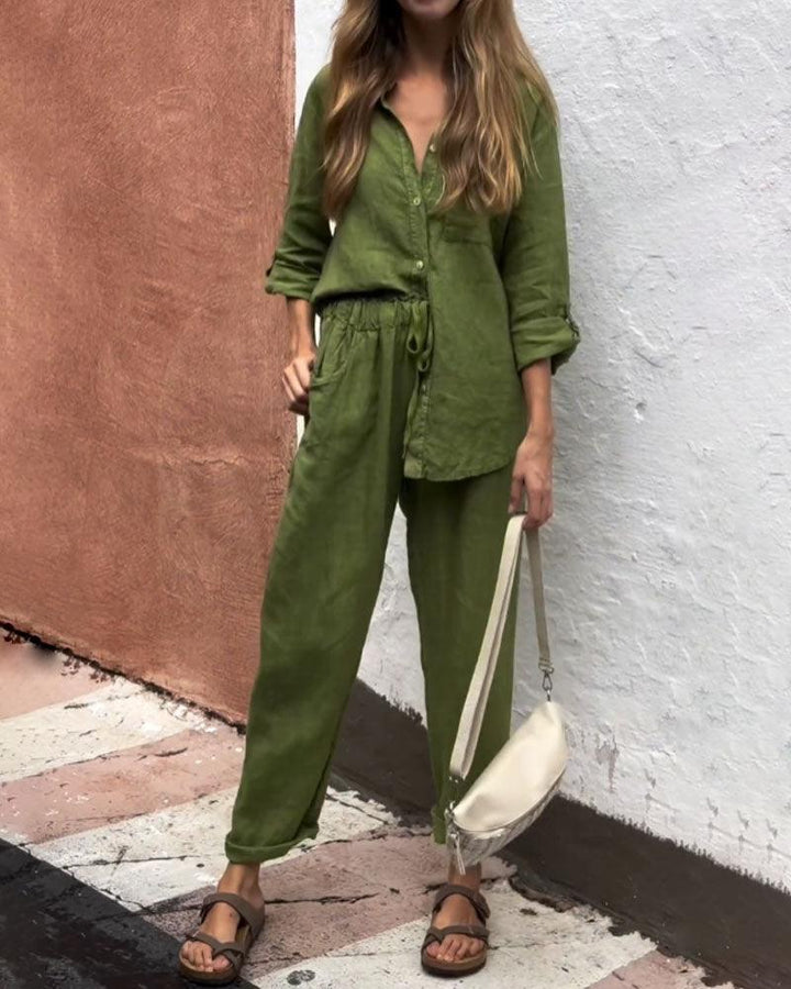 Casual Solid Color V-Neck Shirt &amp; Pants Cotton Linen Two-Piece Set