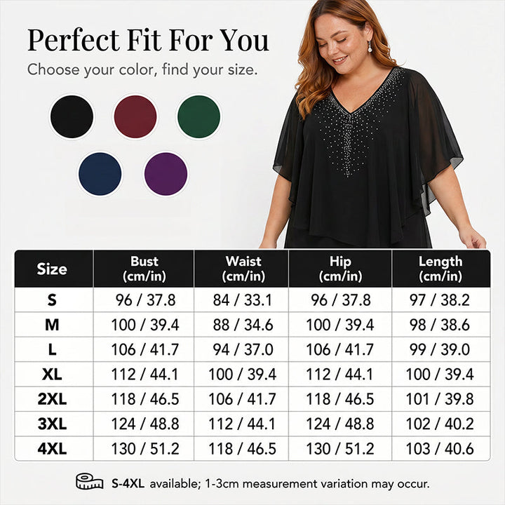 Rhinestone V-Neck Cape Dress with Chiffon Overlay