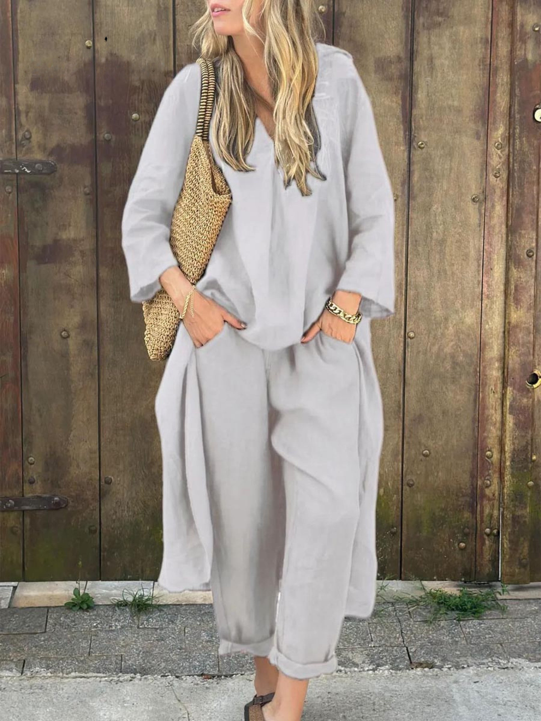 Linen Irregular Loose V-neck Top and High-Waisted Pocket Wide-leg Pants Set