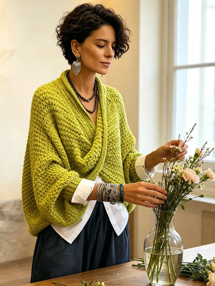 Cozy Relaxed Batwing Sleeves Crossover V-Neck Sweater
