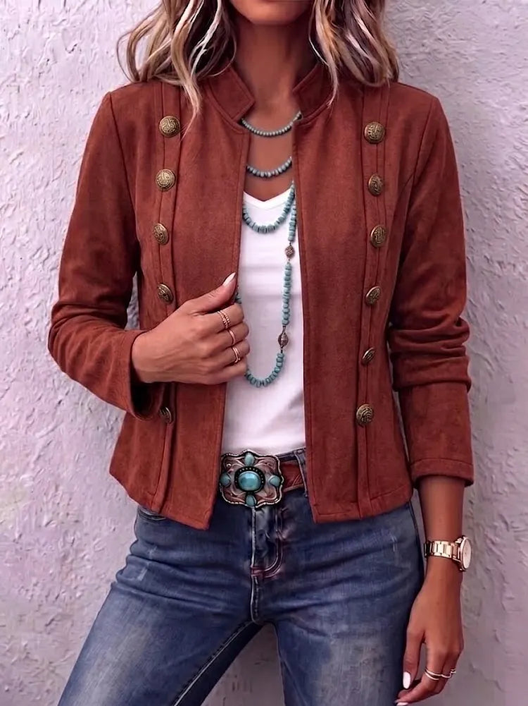 Stand Collar Double-Breasted Suede Vintage Cropped Jacket