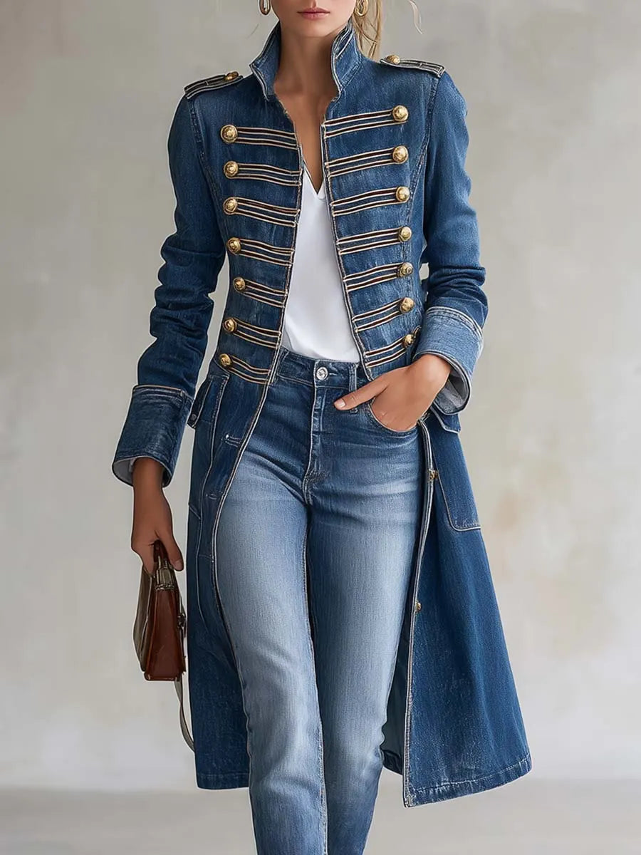 Vintage Washed Denim Military Officer Longline Coat