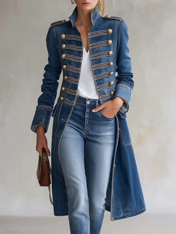 Vintage Washed Denim Military Officer Longline Coat