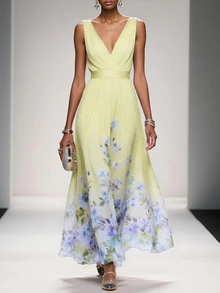 Light Blue Floral Chiffon V Neck Sleeveless A-Line Maxi Dress