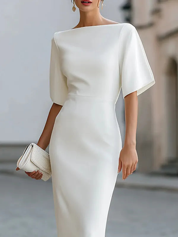 Boat Neck Midi-Length Fitted Dress